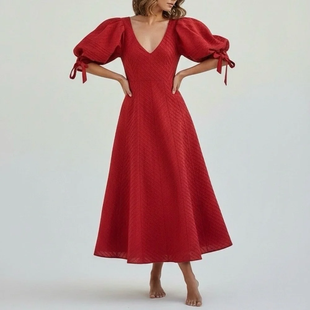 ODET Cherie Chevron Mumu Linen Dress, Red, Medium - Picture 3 of 14